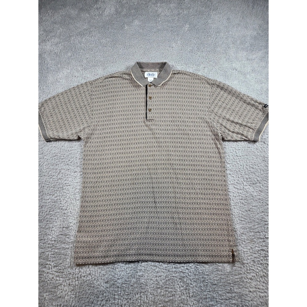 IZOD Golf Polo Shirt Medium Tan Black Mens Geometric Print Short Sleeve Cotton